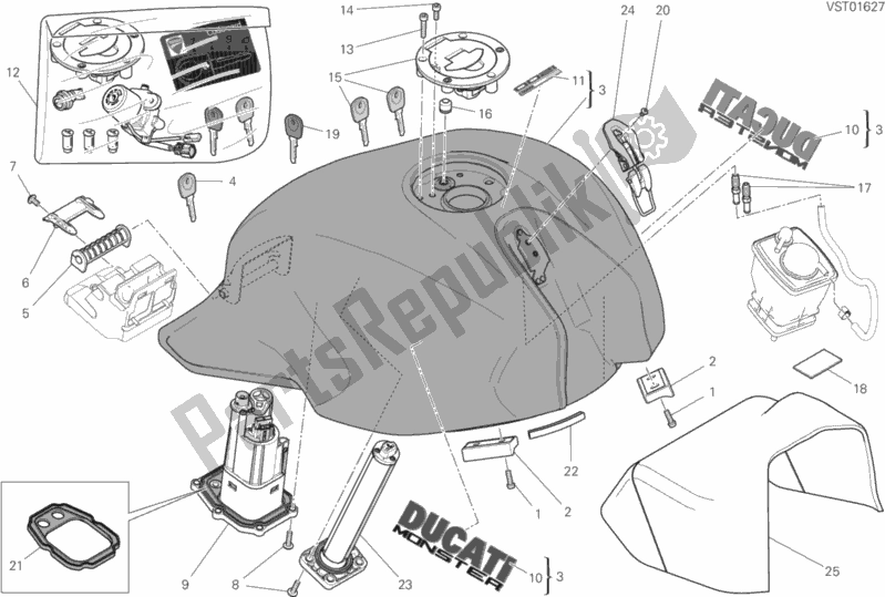 All parts for the Fuel Tank of the Ducati Monster 1200 USA 2019